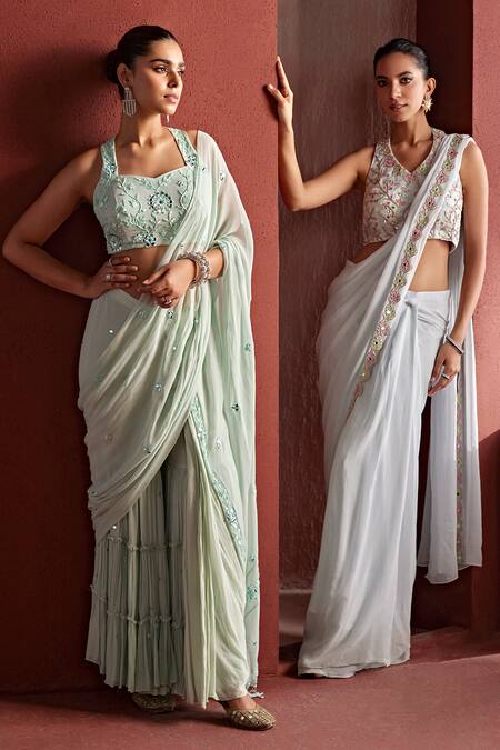 Buy Tarini Vij Green Georgette Sequins, Saida Resham Pre-draped Sharara Saree With Blouse Online at Aza Fashions Buy_Tarini Vij_Green Georgette Sequins, Saida Resham Pre-draped Sharara Saree With Blouse _Online_at_Aza_Fashions