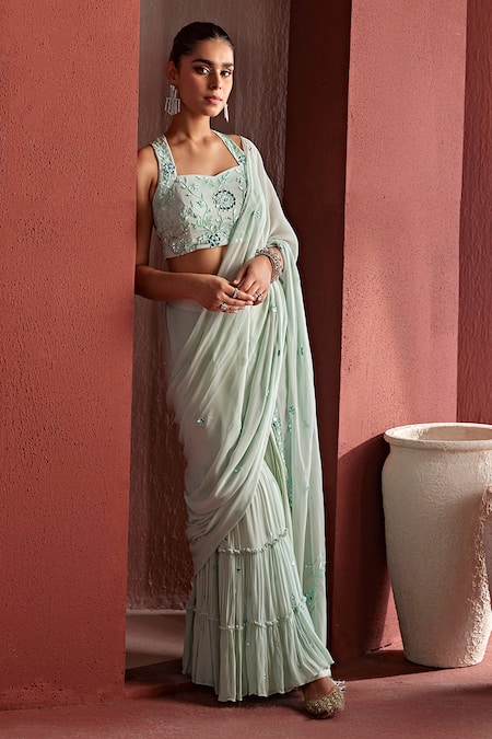 Shop Tarini Vij Green Georgette Sequins, Saida Resham Pre-draped Sharara Saree With Blouse Online at Aza Fashions Shop_Tarini Vij_Green Georgette Sequins, Saida Resham Pre-draped Sharara Saree With Blouse _Online_at_Aza_Fashions