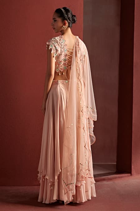 Shop Tarini Vij Pink Georgette, Net Embroidery, Aarhu Layered Lehenga Set With Resham Blouse at Aza Fashions Shop_Tarini Vij_Pink Georgette, Net Embroidery, Aarhu Layered Lehenga Set With Resham Blouse _at_Aza_Fashions