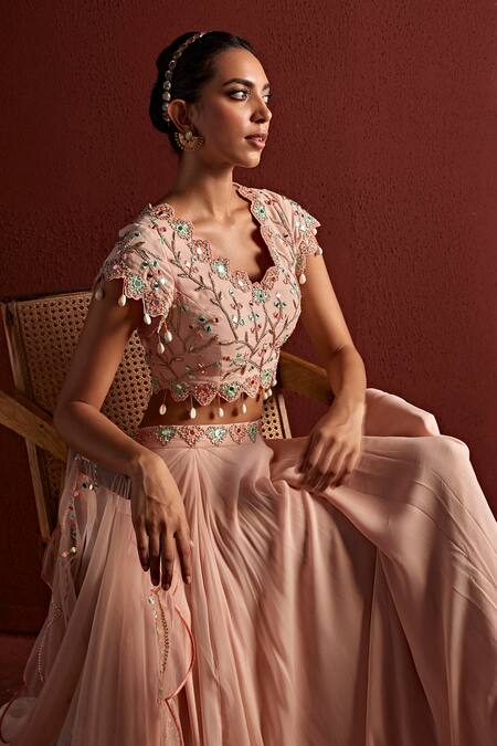 Buy Tarini Vij Pink Georgette, Net Embroidery, Aarhu Layered Lehenga Set With Resham Blouse Online at Aza Fashions Buy_Tarini Vij_Pink Georgette, Net Embroidery, Aarhu Layered Lehenga Set With Resham Blouse _Online_at_Aza_Fashions