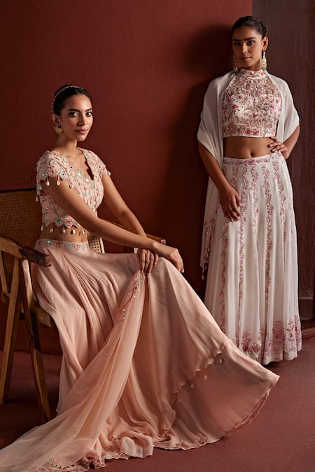 Shop Tarini Vij Pink Georgette, Net Embroidery, Aarhu Layered Lehenga Set With Resham Blouse Online at Aza Fashions Shop_Tarini Vij_Pink Georgette, Net Embroidery, Aarhu Layered Lehenga Set With Resham Blouse _Online_at_Aza_Fashions