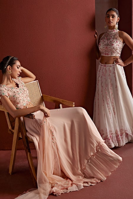 Tarini Vij Pink Georgette, Net Embroidery, Aarhu Layered Lehenga Set With Resham Blouse at Aza Fashions Tarini Vij_Pink Georgette, Net Embroidery, Aarhu Layered Lehenga Set With Resham Blouse _at_Aza_Fashions