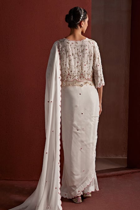 Shop Tarini Vij White Georgette, Sabira Mirrorwork Pre-draped Saree Set With Pitta Work Jacket at Aza Fashions Shop_Tarini Vij_White Georgette, Sabira Mirrorwork Pre-draped Saree Set With Pitta Work Jacket _at_Aza_Fashions