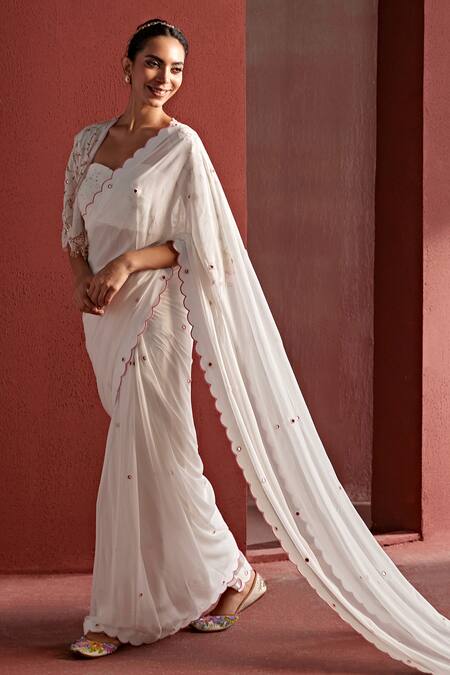 Tarini Vij White Georgette, Sabira Mirrorwork Pre-draped Saree Set With Pitta Work Jacket Online at Aza Fashions Tarini Vij_White Georgette, Sabira Mirrorwork Pre-draped Saree Set With Pitta Work Jacket _Online_at_Aza_Fashions