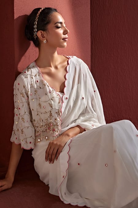 Buy Tarini Vij White Georgette, Sabira Mirrorwork Pre-draped Saree Set With Pitta Work Jacket Online at Aza Fashions Buy_Tarini Vij_White Georgette, Sabira Mirrorwork Pre-draped Saree Set With Pitta Work Jacket _Online_at_Aza_Fashions