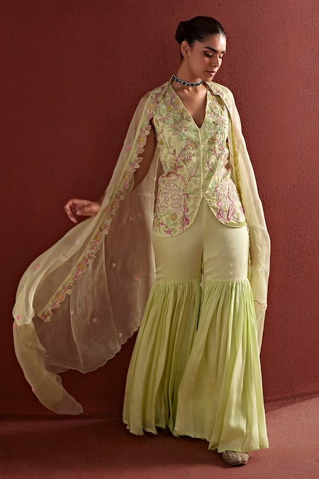 Shop Tarini Vij Green Chiffon Embroidery, Tasneem Cut-out Border Long Jacket Sharara Set at Aza Fashions Shop_Tarini Vij_Green Chiffon Embroidery, Tasneem Cut-out Border Long Jacket Sharara Set _at_Aza_Fashions