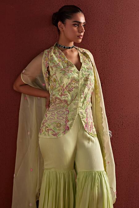 Tarini Vij Green Chiffon Embroidery, Tasneem Cut-out Border Long Jacket Sharara Set Online at Aza Fashions Tarini Vij_Green Chiffon Embroidery, Tasneem Cut-out Border Long Jacket Sharara Set _Online_at_Aza_Fashions