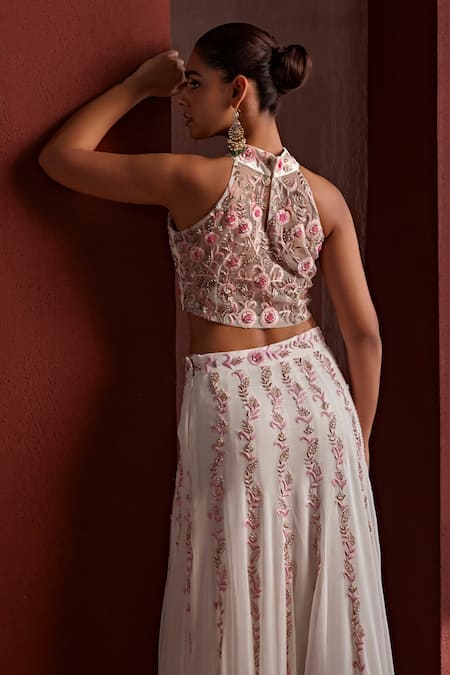 Shop_Tarini Vij_White Net, Georgette Sequins, Aisha Dabka Embroidered Floral Vine Lehenga Set _at_Aza_Fashions