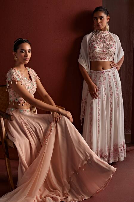 Tarini Vij_White Net, Georgette Sequins, Aisha Dabka Embroidered Floral Vine Lehenga Set _Online_at_Aza_Fashions