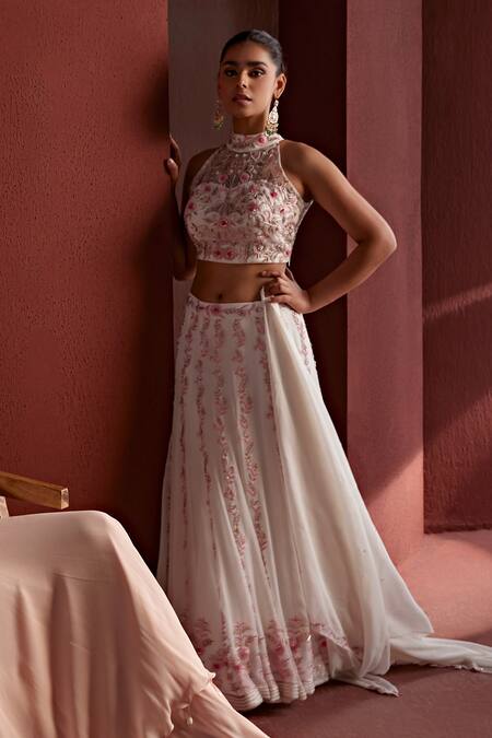 Buy_Tarini Vij_White Net, Georgette Sequins, Aisha Dabka Embroidered Floral Vine Lehenga Set _Online_at_Aza_Fashions