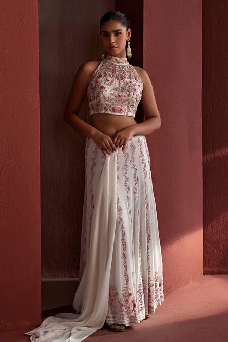 Tarini Vij_White Net, Georgette Sequins, Aisha Dabka Embroidered Floral Vine Lehenga Set _at_Aza_Fashions