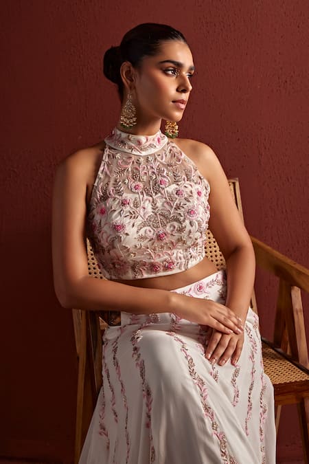 Buy_Tarini Vij_White Net, Georgette Sequins, Aisha Dabka Embroidered Floral Vine Lehenga Set 