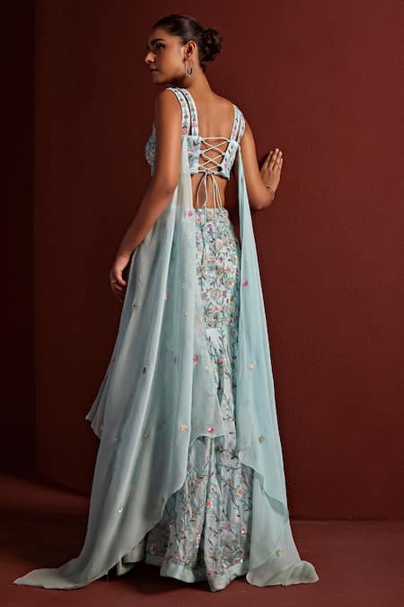 Shop_Tarini Vij_Blue Organza, Georgette Sequins, Nadia Floral Mermaid Lehenga With Blouse _at_Aza_Fashions