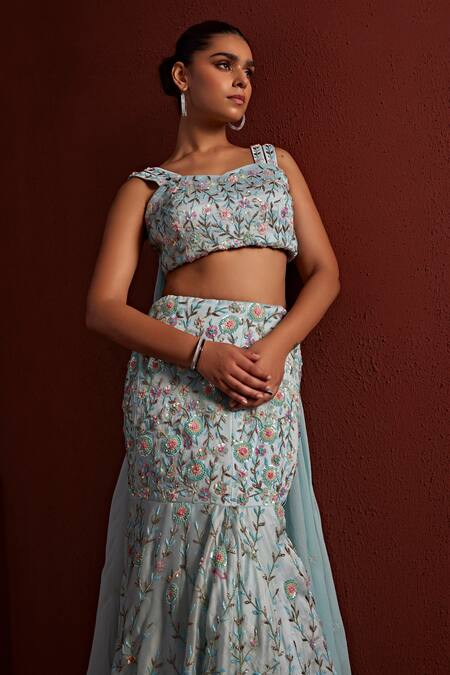 Tarini Vij_Blue Organza, Georgette Sequins, Nadia Floral Mermaid Lehenga With Blouse _Online_at_Aza_Fashions