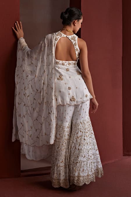 Shop_Tarini Vij_White Georgette Pearls, Faiza Floral Blossom Dabka Peplum Kurta Sharara Set _at_Aza_Fashions