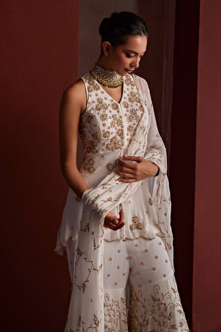 Buy_Tarini Vij_White Georgette Pearls, Faiza Floral Blossom Dabka Peplum Kurta Sharara Set _Online_at_Aza_Fashions