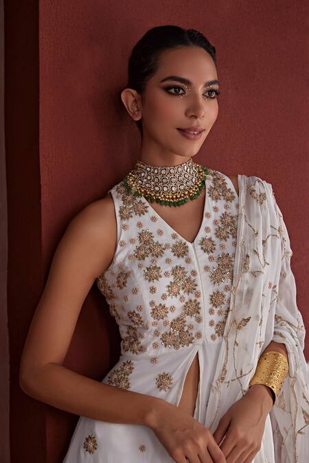 Shop_Tarini Vij_White Georgette Pearls, Faiza Floral Blossom Dabka Peplum Kurta Sharara Set _Online_at_Aza_Fashions