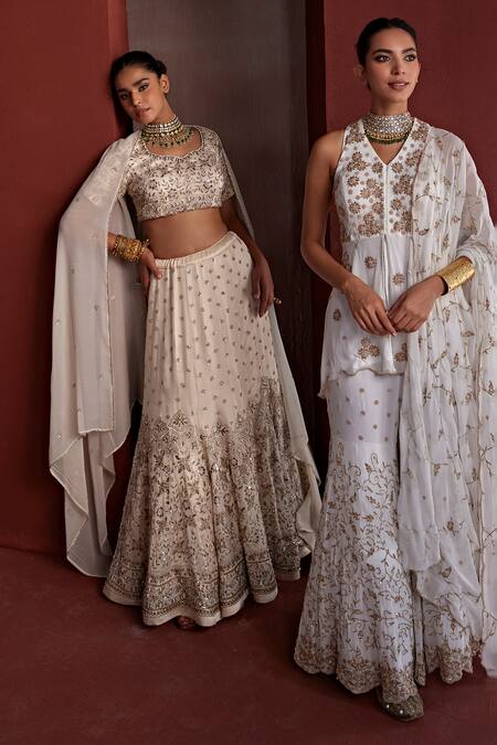 Buy_Tarini Vij_White Georgette Pearls, Faiza Floral Blossom Dabka Peplum Kurta Sharara Set 