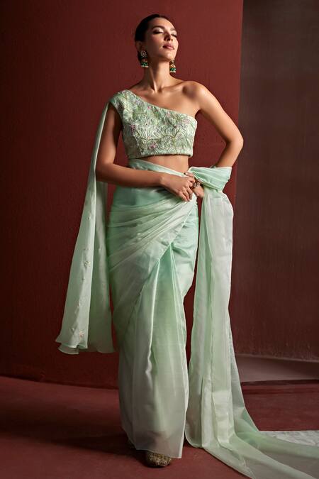 Tarini Vij_Green Organza, Lycra Varda Pre-draped Saree With Pitta Embroidered Blouse _Online_at_Aza_Fashions