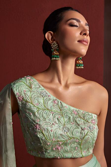 Buy_Tarini Vij_Green Organza, Lycra Varda Pre-draped Saree With Pitta Embroidered Blouse _Online_at_Aza_Fashions