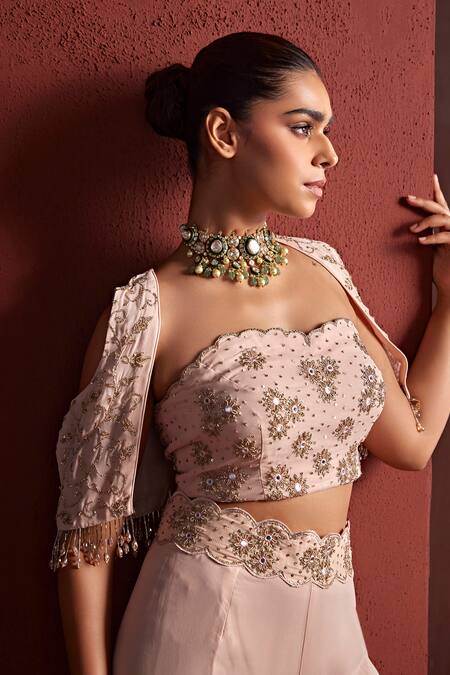 Buy_Tarini Vij_Peach Georgette Beads, Embroidery Open Amina Pitta Cropped Jacket Palazzo Set _Online_at_Aza_Fashions