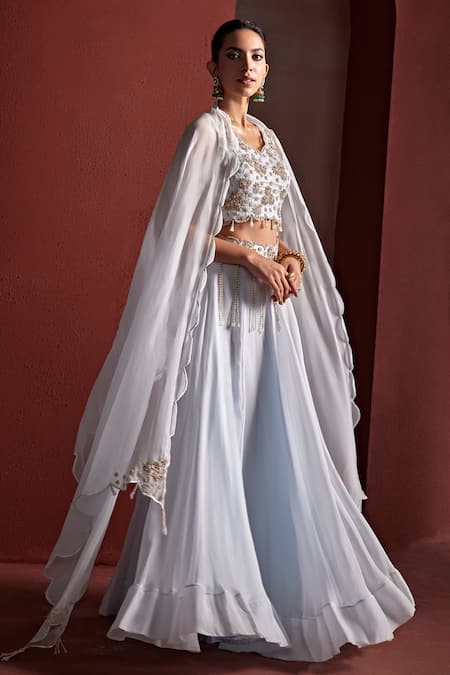 Tarini Vij Blue Satin Organza Embroidered Pitta Shazia Bead Tassel Lehenga Set With Blouse 