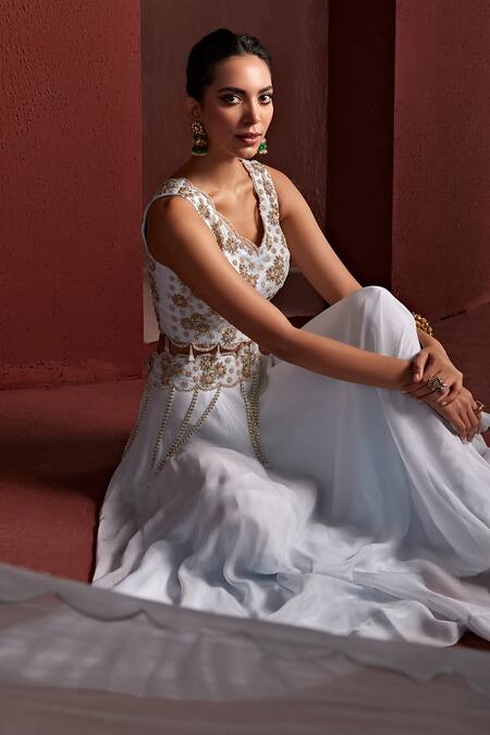 Tarini Vij_Blue Satin, Organza Sequins, Shazia Tassel Lehenga Set With Embroidered Blouse _Online_at_Aza_Fashions