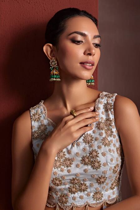 Buy_Tarini Vij_Blue Satin, Organza Sequins, Shazia Tassel Lehenga Set With Embroidered Blouse _Online_at_Aza_Fashions