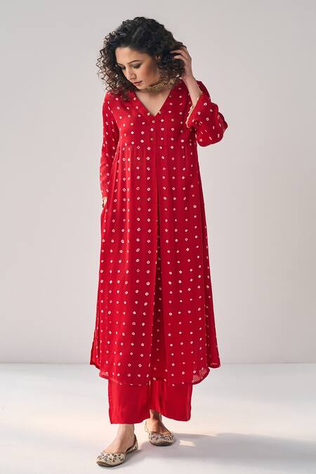 Label Mansi Nagdev_Red Modal, Silk Sequins, Embroidery Aiyana Bandhani Pattern Anarkali With Pant _Online_at_Aza_Fashions