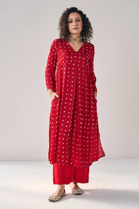 Shop_Label Mansi Nagdev_Red Modal, Silk Sequins, Embroidery Aiyana Bandhani Pattern Anarkali With Pant _Online_at_Aza_Fashions