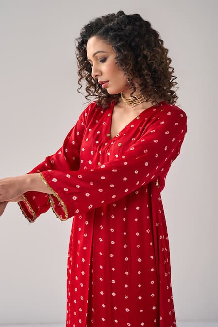 Label Mansi Nagdev_Red Modal, Silk Sequins, Embroidery Aiyana Bandhani Pattern Anarkali With Pant _at_Aza_Fashions