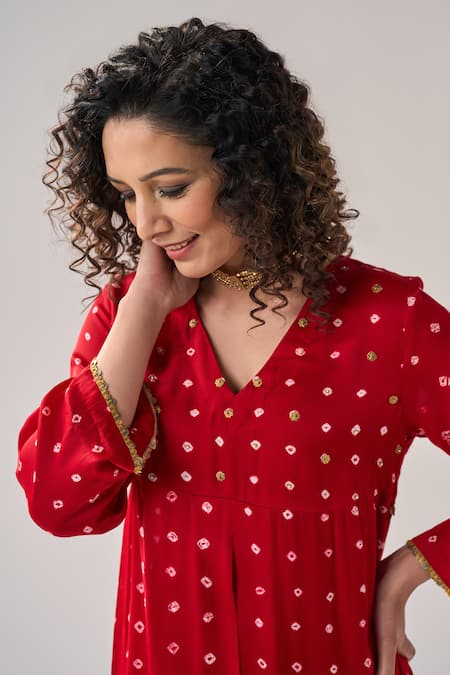 Buy_Label Mansi Nagdev_Red Modal, Silk Sequins, Embroidery Aiyana Bandhani Pattern Anarkali With Pant 