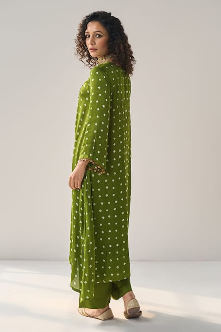 Label Mansi Nagdev Green Bandhani Sequin Kurta & Pant Set 