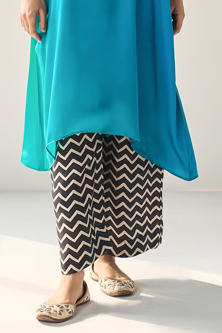 Label Mansi Nagdev_Blue Modal, Silk Beads Mandarin Collar Matilda Ombre Asymmetric Kurta With Pant _Online_at_Aza_Fashions