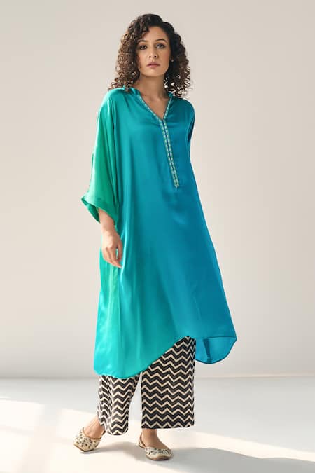 Buy_Label Mansi Nagdev_Blue Modal, Silk Beads Mandarin Collar Matilda Ombre Asymmetric Kurta With Pant _Online_at_Aza_Fashions
