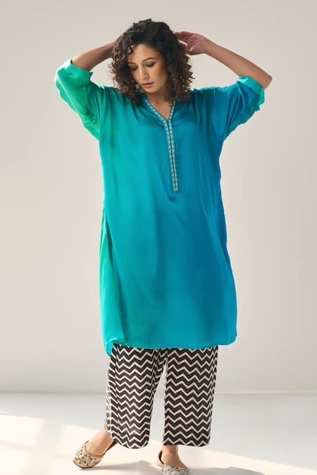 Shop_Label Mansi Nagdev_Blue Modal, Silk Beads Mandarin Collar Matilda Ombre Asymmetric Kurta With Pant _Online_at_Aza_Fashions