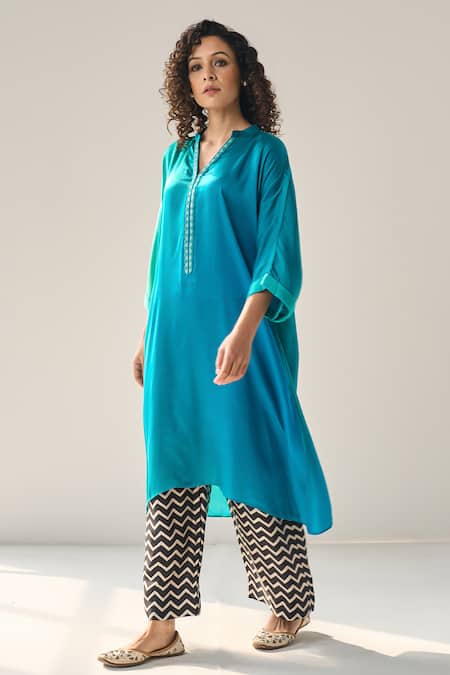 Label Mansi Nagdev_Blue Modal, Silk Beads Mandarin Collar Matilda Ombre Asymmetric Kurta With Pant _at_Aza_Fashions