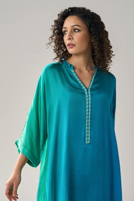 Shop_Label Mansi Nagdev_Blue Modal, Silk Beads Mandarin Collar Matilda Ombre Asymmetric Kurta With Pant 