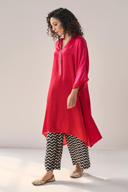 Buy_Label Mansi Nagdev_Red Modal, Silk Beads Mandarin Collar Esmeray Asymmetric Ombre Kurta With Pant _Online_at_Aza_Fashions