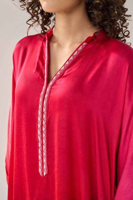 Label Mansi Nagdev_Red Modal, Silk Beads Mandarin Collar Esmeray Asymmetric Ombre Kurta With Pant _at_Aza_Fashions