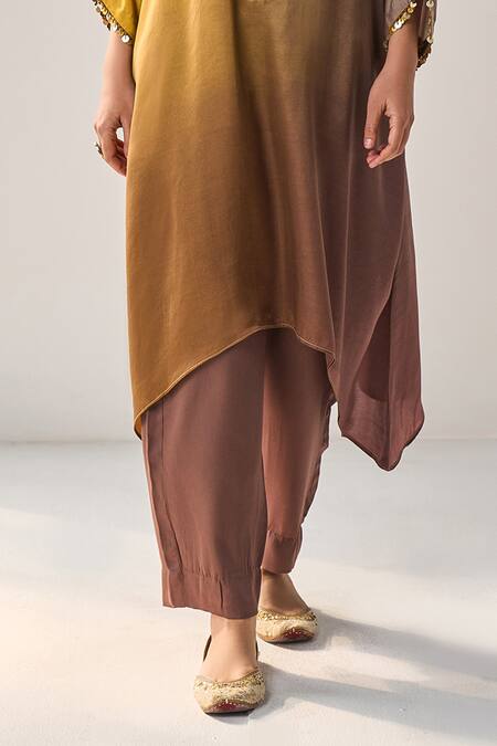 Label Mansi Nagdev_Yellow Modal, Silk Sequins Round Neck Aurelia Ombre Embellished Kurta With Pant_Online_at_Aza_Fashions