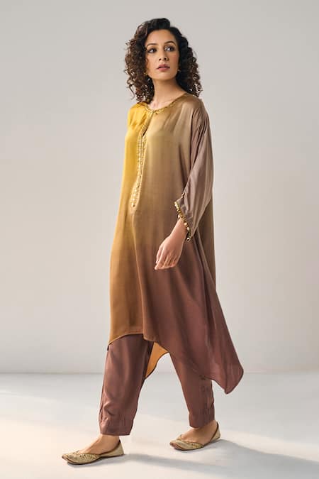 Buy_Label Mansi Nagdev_Yellow Modal, Silk Sequins Round Neck Aurelia Ombre Embellished Kurta With Pant_Online_at_Aza_Fashions