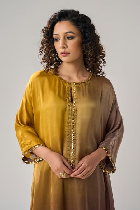 Shop_Label Mansi Nagdev_Yellow Modal, Silk Sequins Round Neck Aurelia Ombre Embellished Kurta With Pant_Online_at_Aza_Fashions