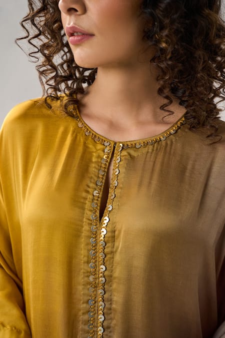 Label Mansi Nagdev_Yellow Modal, Silk Sequins Round Neck Aurelia Ombre Embellished Kurta With Pant_at_Aza_Fashions