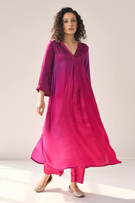 Buy Label Mansi Nagdev Pink Modal, Silk Sequins V-neck Ophelia Ombre Kurta With Pant Online at Aza Fashions Buy_Label Mansi Nagdev_Pink Modal, Silk Sequins V-neck Ophelia Ombre Kurta With Pant _Online_at_Aza_Fashions