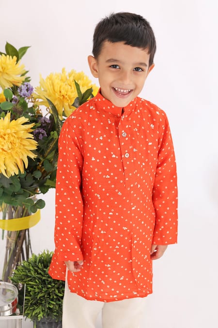 LA DEE DA Orange Silk Print Bandhani Sequin Embellished Kurta Set  