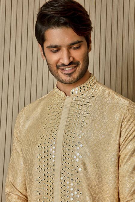 Shop Asuka Beige Jacquard, Silk Embroidery, Mirrors Mughal Pattern Kurta Set Online at Aza Fashions Shop_Asuka_Beige Jacquard, Silk Embroidery, Mirrors Mughal Pattern Kurta Set _Online_at_Aza_Fashions