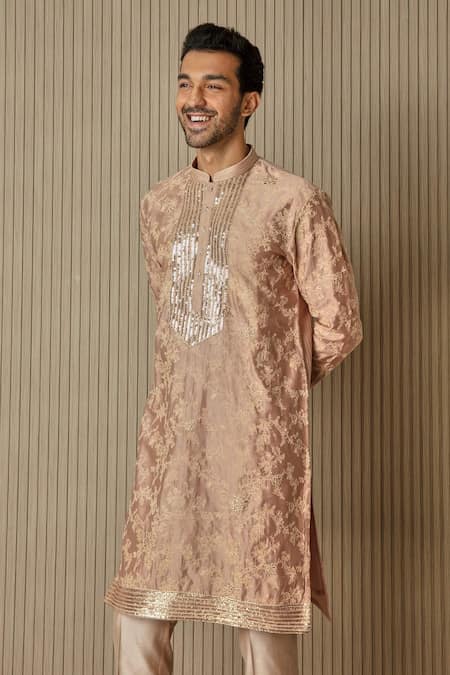 Shop_Asuka_Peach Chanderi Silk Embroidered Sequin Floral Dori Kurta Set _Online_at_Aza_Fashions