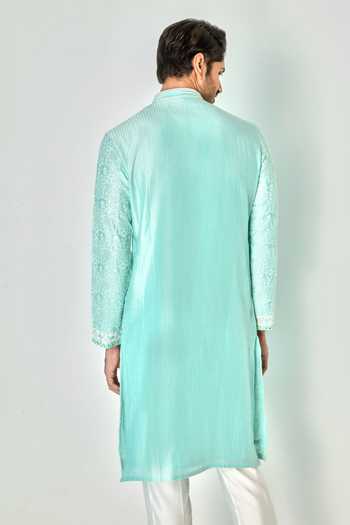 Shop Asuka Blue Chanderi Silk Mirrors, Sequins Vintage Jaal Embroidered Kurta Set at Aza Fashions Shop_Asuka_Blue Chanderi Silk Mirrors, Sequins Vintage Jaal Embroidered Kurta Set _at_Aza_Fashions
