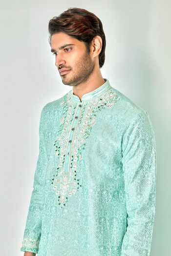 Buy Asuka Blue Chanderi Silk Mirrors, Sequins Vintage Jaal Embroidered Kurta Set Online at Aza Fashions Buy_Asuka_Blue Chanderi Silk Mirrors, Sequins Vintage Jaal Embroidered Kurta Set _Online_at_Aza_Fashions